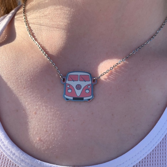 Pink VW Bus Necklace, Hippie Van Necklace - Picture 3 of 11